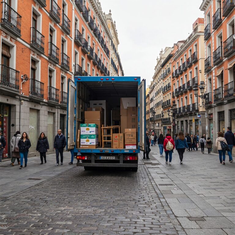 Camión de mudanzas estacionado en una calle madrileña durante una mudanza.