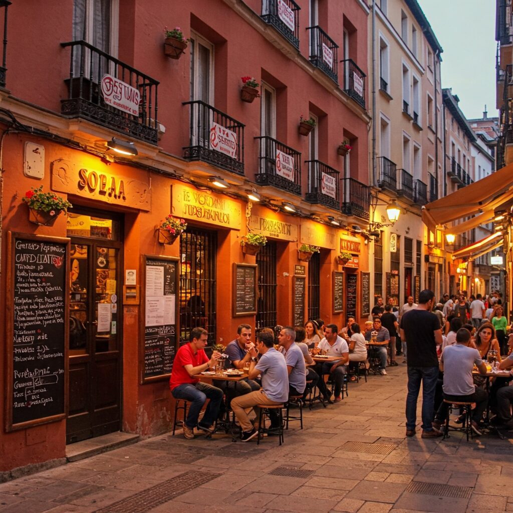 Se verían varias personas sentadas bebiendo y comiendo en los establecimientos.
