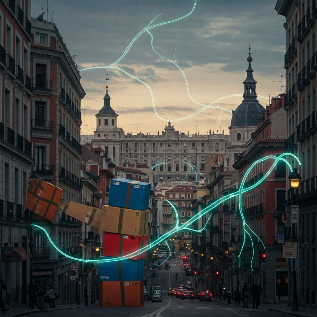 Cajas de mudanza levitando sobre una calle de Madrid, simbolizando el caos del traslado.
