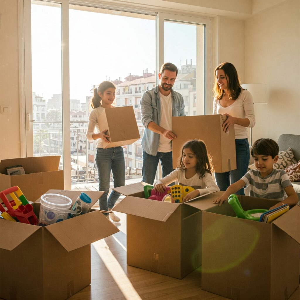 Familia feliz desempaquetando cajas en su nuevo hogar en Usera