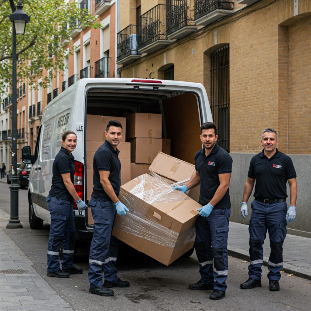 Equipo de mudanzas profesional descargando cajas en Arganzuela.
