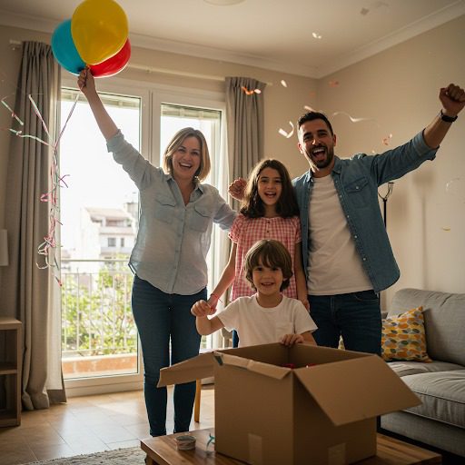 Padres e hijos festejan en su nuevo hogar.