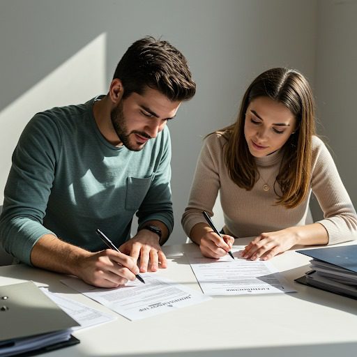 Hombre y mujer firman documentos en una mesa.