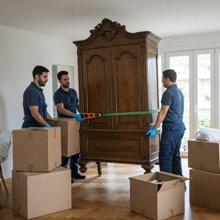 Equipo de mudanzas experto trasladando un armario de madera