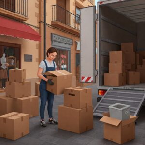 Mujer cargando cajas en camión de mudanzas en Moncloa.
