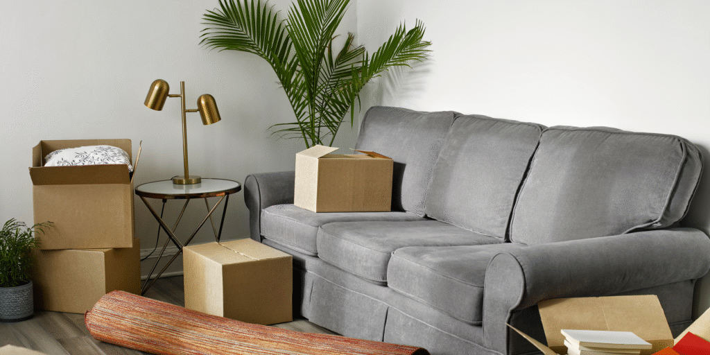 Sala de estar con sofá y cajas de mudanza.